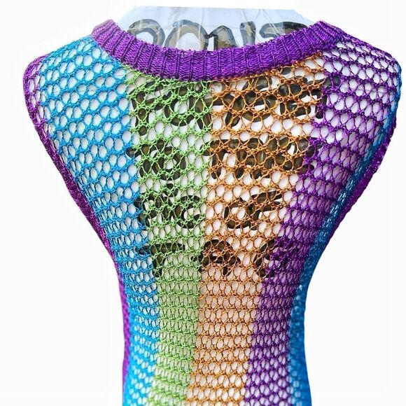 Festival Metallic Shimmer Rainbow Mesh Maxi Dress Coverup Size S/M EUC - Picture 6 of 6